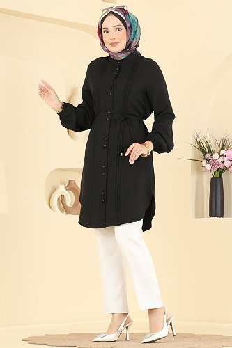 moda selvim Nervür Detaylı Bağcıklı Tunik 2910SLK540 Siyah - Thumbnail
