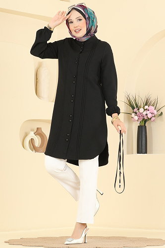 moda selvim Nervür Detaylı Bağcıklı Tunik 2910SLK540 Siyah - Thumbnail