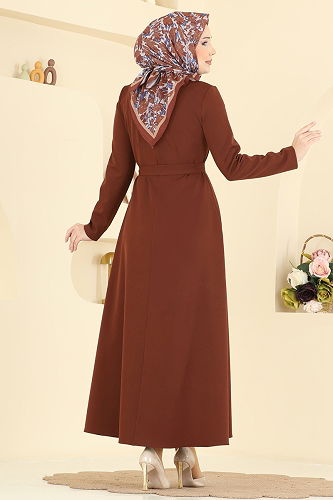 moda selvim Nervür Detaylı Dabıl Elbise 1404ZNN863 Koyu Taba - Thumbnail