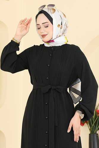 moda selvim Nervür Detaylı Düğmeli Elbise 2909SLK540 Siyah - Thumbnail
