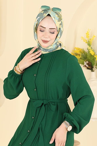 moda selvim Nervür Detaylı Düğmeli Elbise 2909SLK540 Zümrüt - Thumbnail