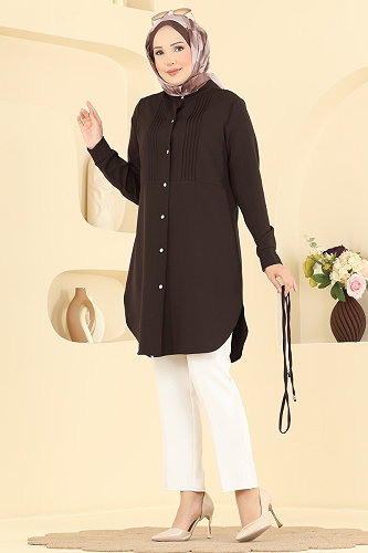 moda selvim Nervür Detaylı Düğmeli Tunik 2903SLK540 Acı Kahve - Thumbnail
