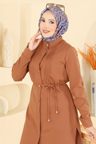 moda selvim Nervür Detaylı Düğmeli Tunik 2903SLK540 Açık Taba - Thumbnail