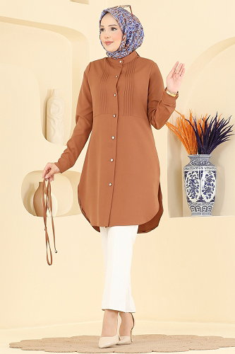 moda selvim Nervür Detaylı Düğmeli Tunik 2903SLK540 Açık Taba - Thumbnail