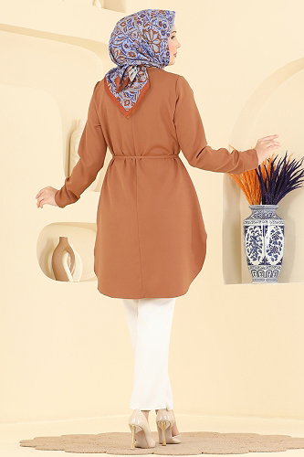 moda selvim Nervür Detaylı Düğmeli Tunik 2903SLK540 Açık Taba - Thumbnail