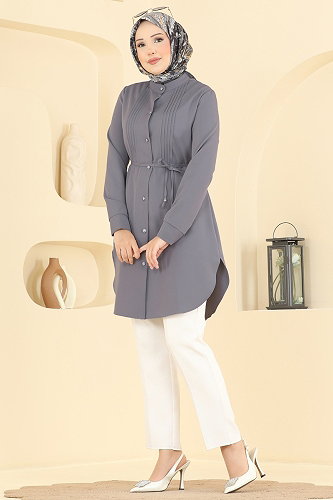 moda selvim Nervür Detaylı Düğmeli Tunik 2903SLK540 Antrasit - Thumbnail