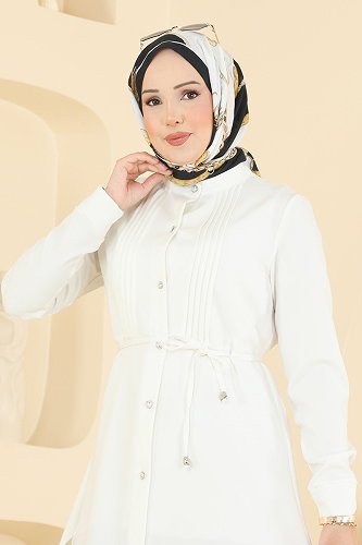 moda selvim Nervür Detaylı Düğmeli Tunik 2903SLK540 Ekru - Thumbnail