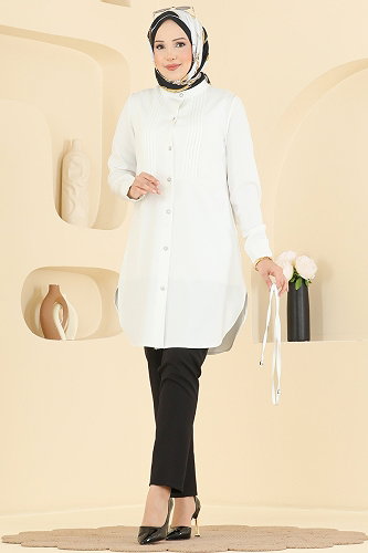 moda selvim Nervür Detaylı Düğmeli Tunik 2903SLK540 Ekru - Thumbnail