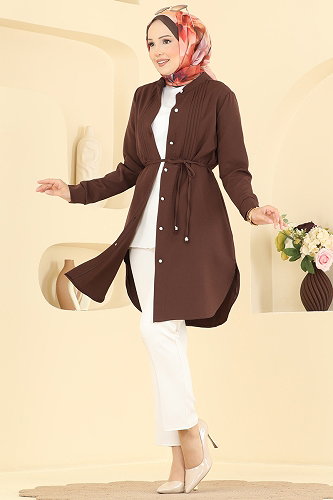 moda selvim Nervür Detaylı Düğmeli Tunik 2903SLK540 Kahve - Thumbnail