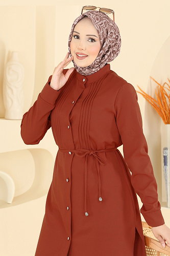 moda selvim Nervür Detaylı Düğmeli Tunik 2903SLK540 Kiremit - Thumbnail