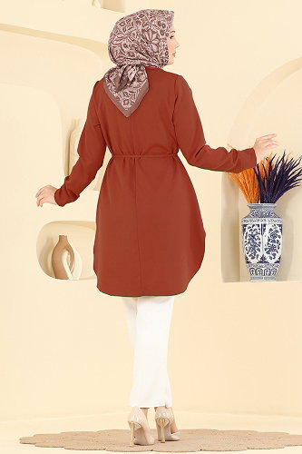 moda selvim Nervür Detaylı Düğmeli Tunik 2903SLK540 Kiremit - Thumbnail