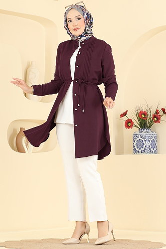 moda selvim Nervür Detaylı Düğmeli Tunik 2903SLK540 Mürdüm - Thumbnail