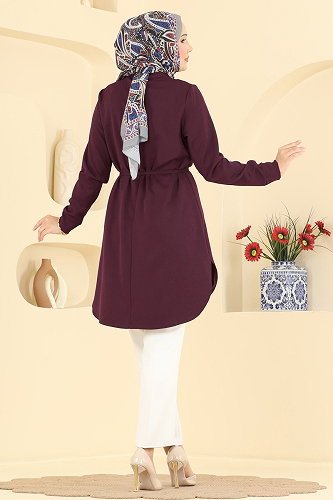 moda selvim Nervür Detaylı Düğmeli Tunik 2903SLK540 Mürdüm - Thumbnail