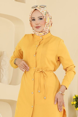 moda selvim Nervür Detaylı Düğmeli Tunik 2903SLK540 Sarı - Thumbnail