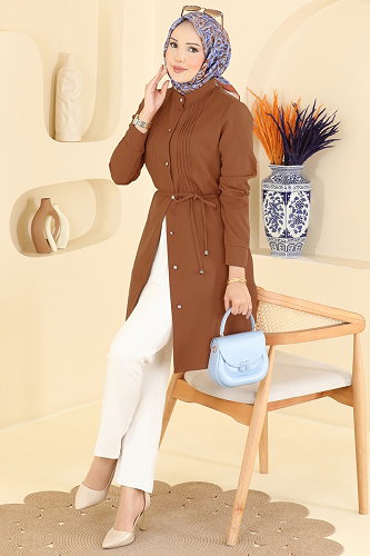 moda selvim Nervür Detaylı Düğmeli Tunik 2903SLK540 Taba - Thumbnail