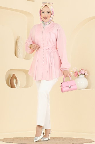 moda selvim Nervür Detaylı Düğmeli Tunik 8080ERK1158 Pembe - Thumbnail