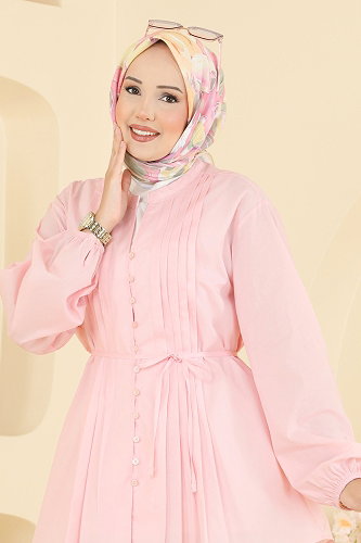 moda selvim Nervür Detaylı Düğmeli Tunik 8080ERK1158 Pembe - Thumbnail