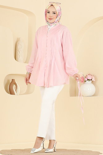 moda selvim Nervür Detaylı Düğmeli Tunik 8080ERK1158 Pembe - Thumbnail