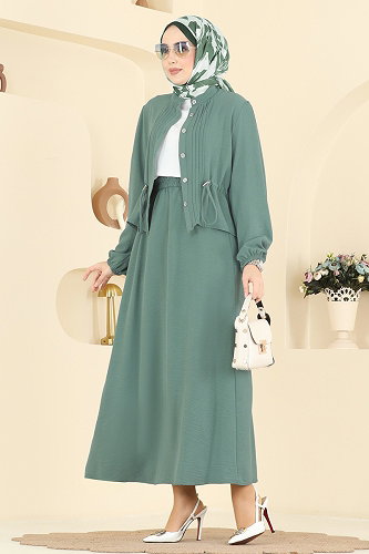 moda selvim Nervür Detaylı Etekli Takım 239ASN888 Açık Mint - Thumbnail