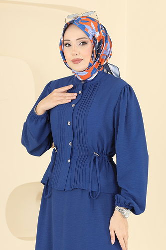 moda selvim Nervür Detaylı Etekli Takım 239ASN888 İndigo - Thumbnail