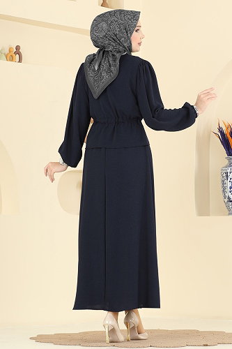 moda selvim Nervür Detaylı Etekli Takım 239ASN888 Koyu Laci - Thumbnail