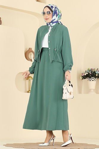 moda selvim Nervür Detaylı Etekli Takım 239ASN888 Mint - Thumbnail