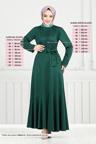 moda selvim Nervür Detaylı Kemerli Elbise 4054PM1063-M Zümrüt - Thumbnail