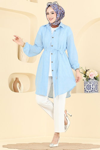 moda selvim Nervür Detaylı Kemerli Tunik 0177ERK1158 Bebe Mavisi - Thumbnail