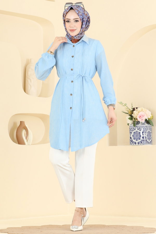 Modaselvim Tunik Nervür Detaylı Kemerli Tunik 0177ERK1158 Bebe Mavisi