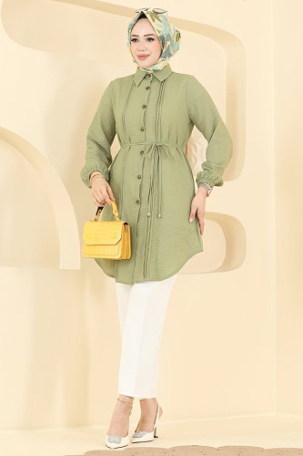 moda selvim Nervür Detaylı Kemerli Tunik 0177ERK1158 Çağla - Thumbnail