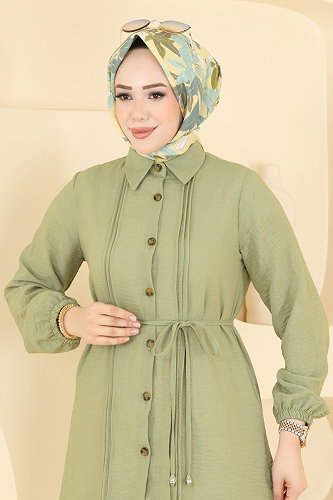 moda selvim Nervür Detaylı Kemerli Tunik 0177ERK1158 Çağla - Thumbnail