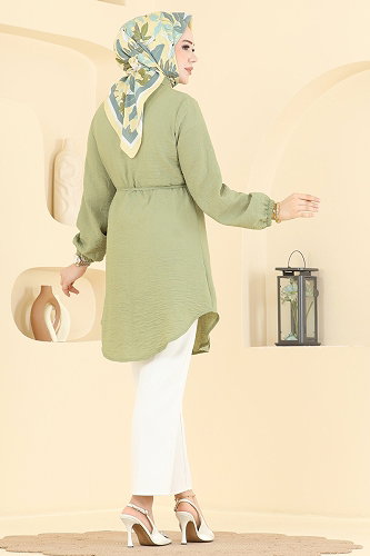 moda selvim Nervür Detaylı Kemerli Tunik 0177ERK1158 Çağla - Thumbnail
