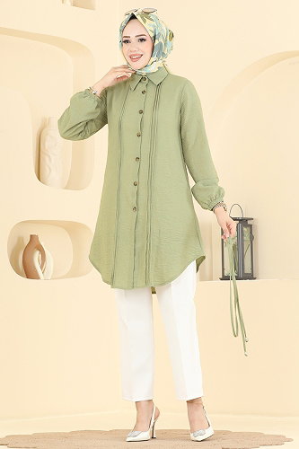 moda selvim Nervür Detaylı Kemerli Tunik 0177ERK1158 Çağla - Thumbnail