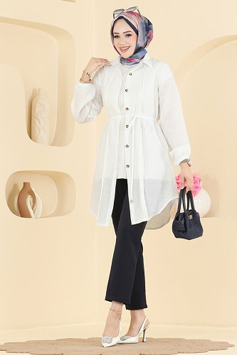 moda selvim Nervür Detaylı Kemerli Tunik 0177ERK1158 Ekru - Thumbnail