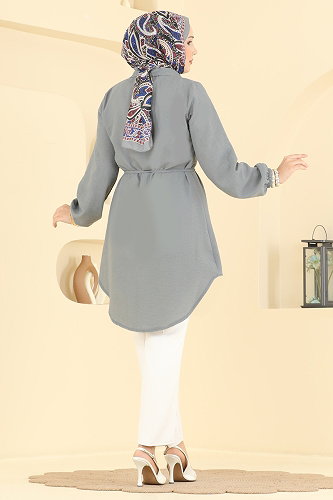 moda selvim Nervür Detaylı Kemerli Tunik 0177ERK1158 Gri - Thumbnail