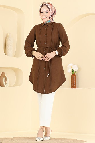 moda selvim Nervür Detaylı Kemerli Tunik 0177ERK1158 Kahve - Thumbnail