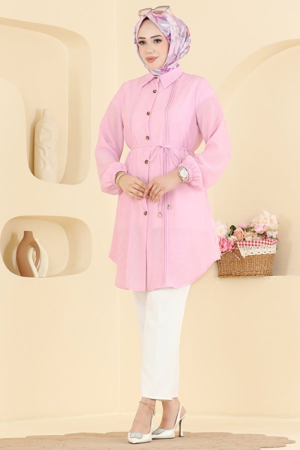 Modaselvim Tunik Nervür Detaylı Kemerli Tunik 0177ERK1158 Pembe