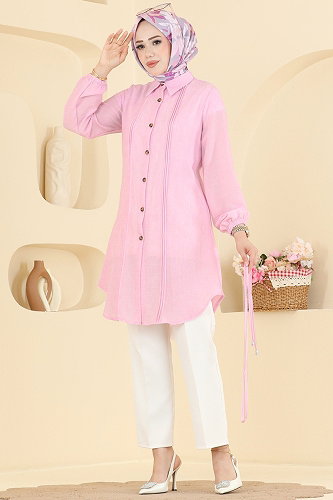 moda selvim Nervür Detaylı Kemerli Tunik 0177ERK1158 Pembe - Thumbnail