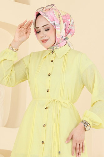 moda selvim Nervür Detaylı Kemerli Tunik 0177ERK1158 Sarı - Thumbnail