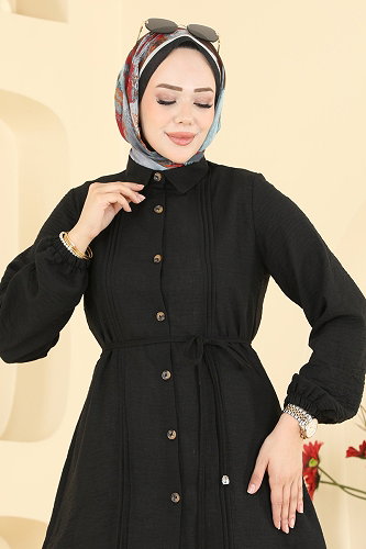moda selvim Nervür Detaylı Kemerli Tunik 0177ERK1158 Siyah - Thumbnail