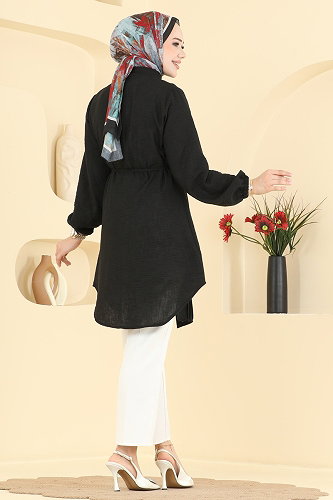 moda selvim Nervür Detaylı Kemerli Tunik 0177ERK1158 Siyah - Thumbnail