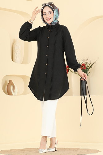 moda selvim Nervür Detaylı Kemerli Tunik 0177ERK1158 Siyah - Thumbnail