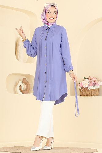 moda selvim Nervür Detaylı Kemerli Tunik 0179BG354 Lila - Thumbnail