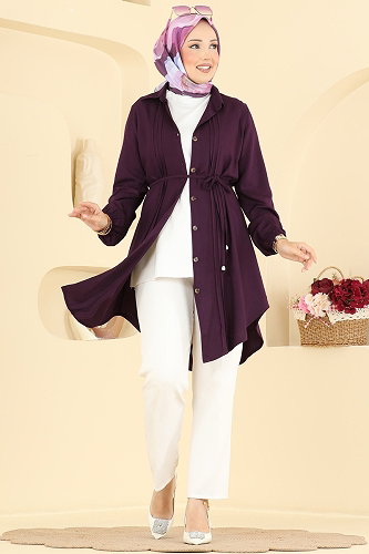 moda selvim Nervür Detaylı Kemerli Tunik 0179BG354 Mürdüm - Thumbnail
