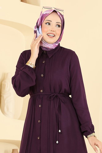 moda selvim Nervür Detaylı Kemerli Tunik 0179BG354 Mürdüm - Thumbnail