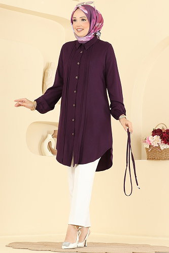 moda selvim Nervür Detaylı Kemerli Tunik 0179BG354 Mürdüm - Thumbnail
