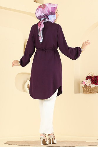 moda selvim Nervür Detaylı Kemerli Tunik 0179BG354 Mürdüm - Thumbnail