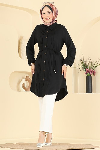 moda selvim Nervür Detaylı Kemerli Tunik 0179BG354 Siyah - Thumbnail