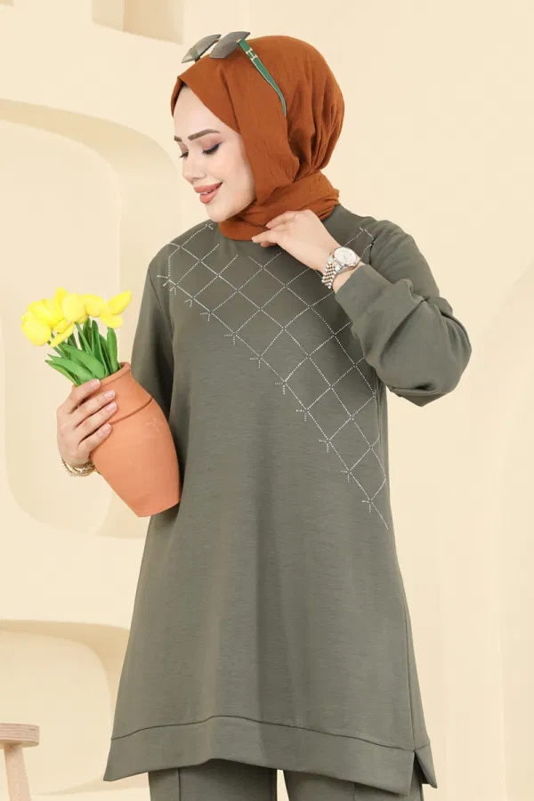 Modaselvim Kombin Nervür Detaylı Modal Takım 3196HBS856 Haki