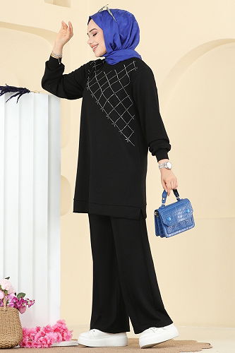 moda selvim Nervür Detaylı Modal Takım 3196HBS856 Siyah - Thumbnail